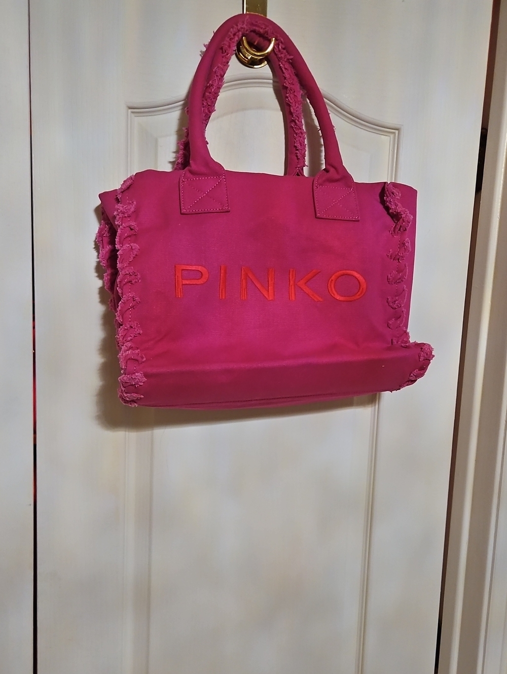 Pinko Hot Pink Frayed Tote with Orange Logo